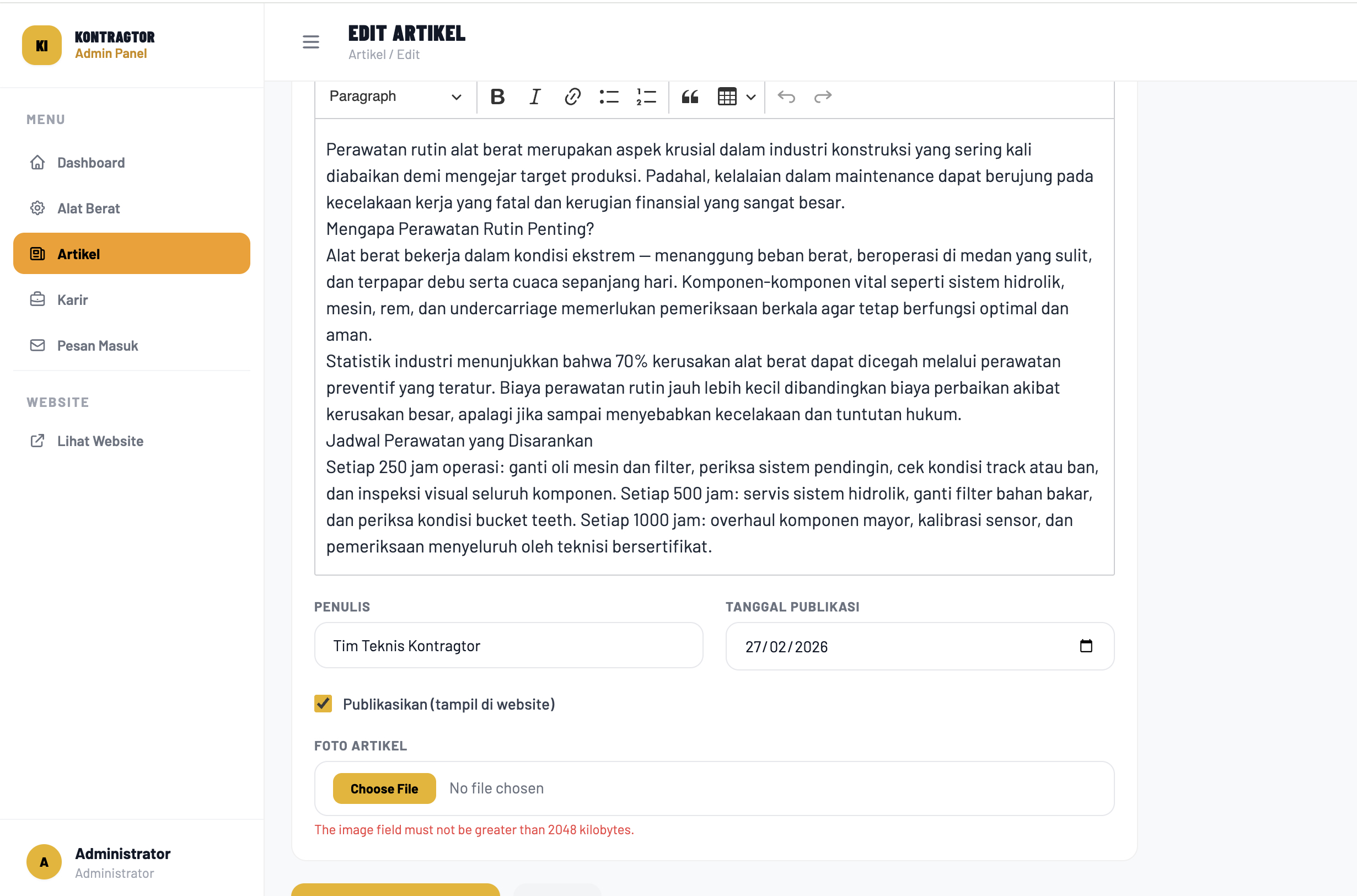 Pentingnya Perawatan Rutin Alat Berat untuk Keselamatan Kerja